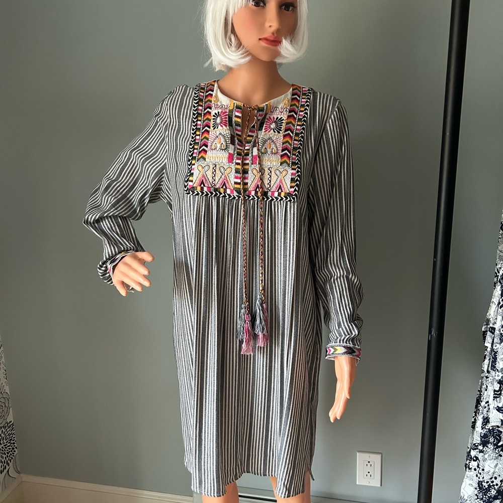 Philosophy Embroidered Stripe Long-Sleeve Tunic Dress